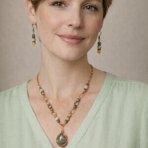 Handmade Blood Stone & Indian Agate Necklace Earrings Oval Cabochon 1 1/2" 20"